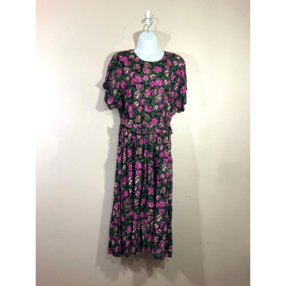VTG Pellini Petites Belted Floral Midi Dress 12P Pink Green 80s Cottage Party